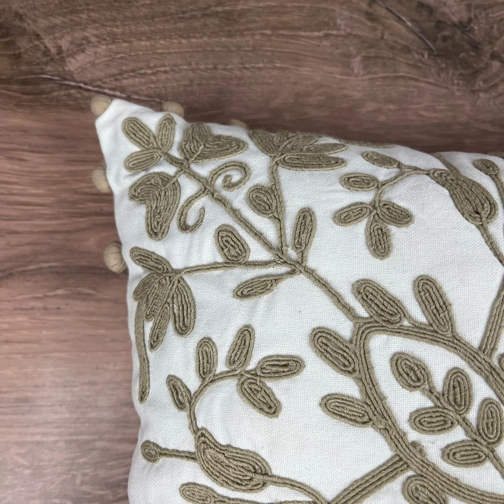 Pottery Barn Throw Pillow 12 x 12 White Tan Crewel Embroidered Pom-Pom Trim